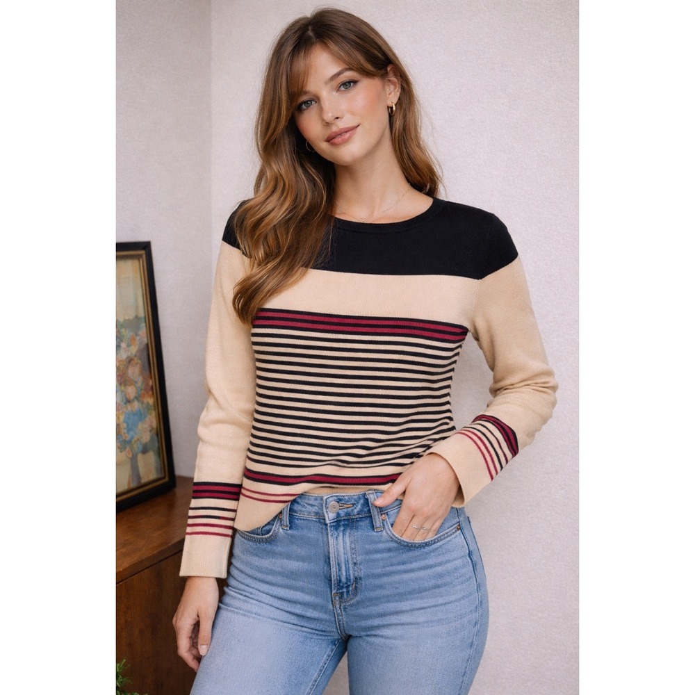 St John Sport by Marie Gray Striped Knit Sweater Nautical Beige Navy Red USA M